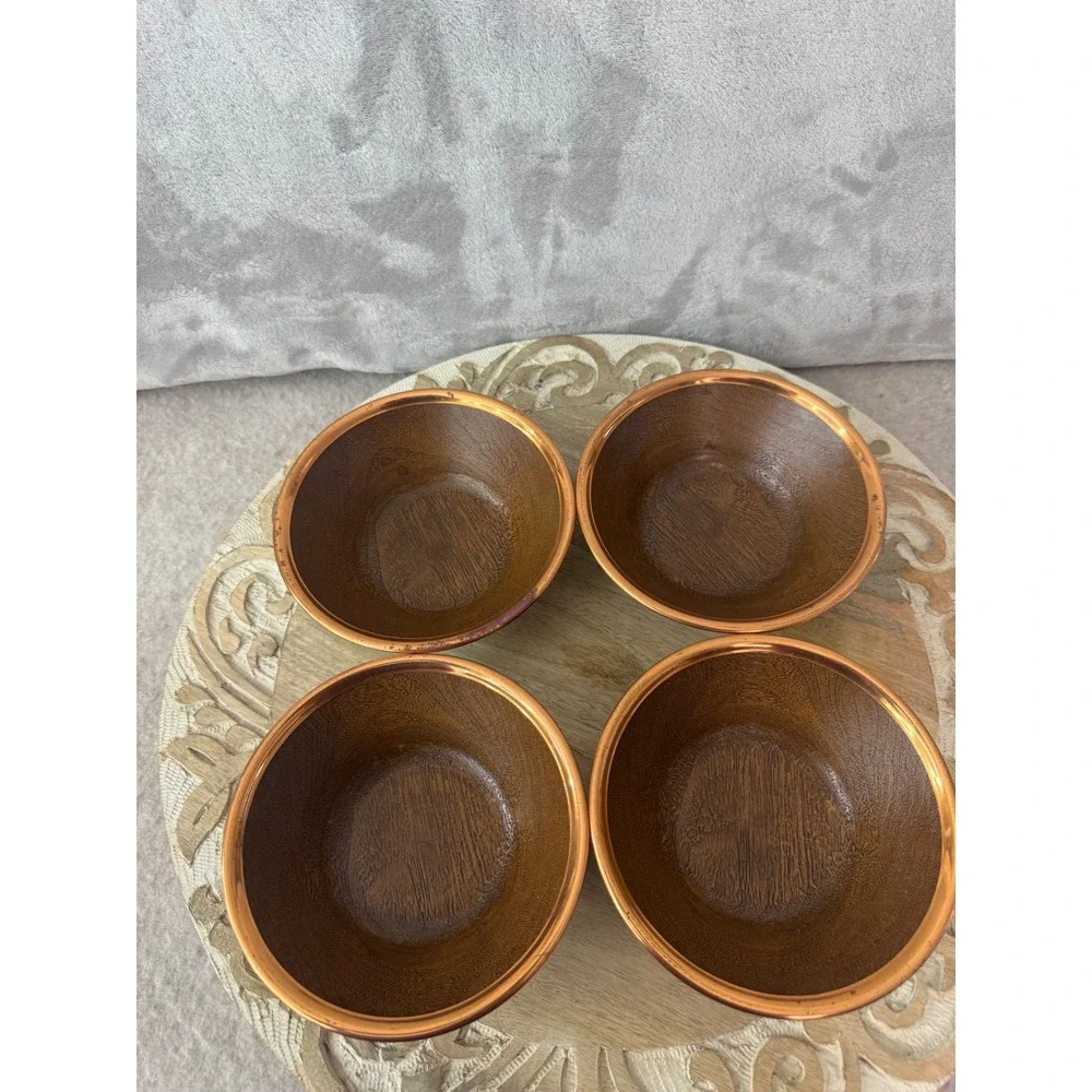 Set of 4 Wood Grain Decorative Bowls with Copper Rim 5.5 Inch Round MCM Style